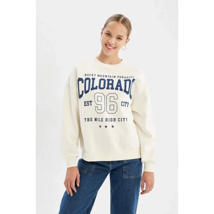 C7811 Loose Fit Bisiklet Yaka Baskılı Kalın Sweatshirt