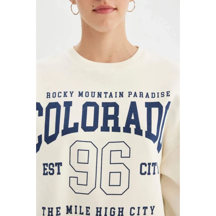 C7811 Loose Fit Bisiklet Yaka Baskılı Kalın Sweatshirt