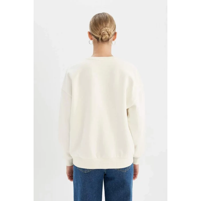 C7811 Loose Fit Bisiklet Yaka Baskılı Kalın Sweatshirt