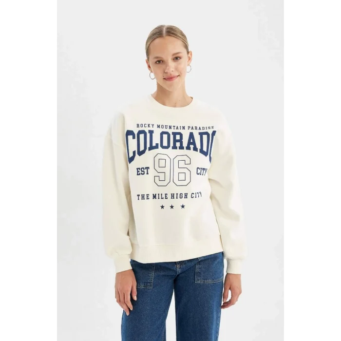 C7811 Loose Fit Bisiklet Yaka Baskılı Kalın Sweatshirt