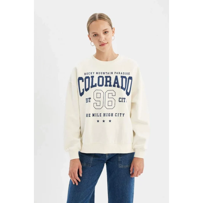 C7811 Loose Fit Bisiklet Yaka Baskılı Kalın Sweatshirt