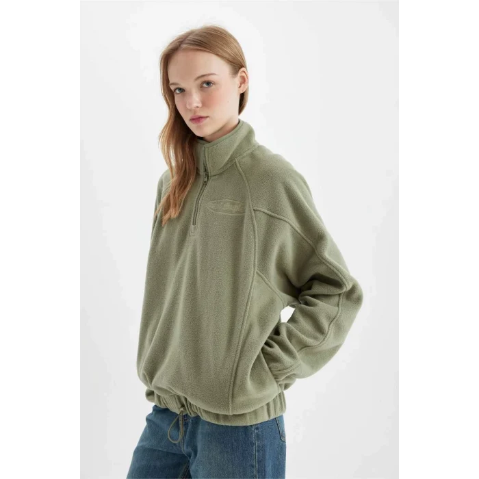 C7828 Regular Fit Fermuarlı Dik Yaka Baskılı Polar Sweatshirt