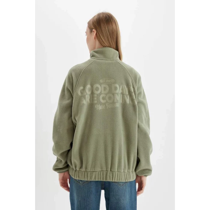 C7828 Regular Fit Fermuarlı Dik Yaka Baskılı Polar Sweatshirt