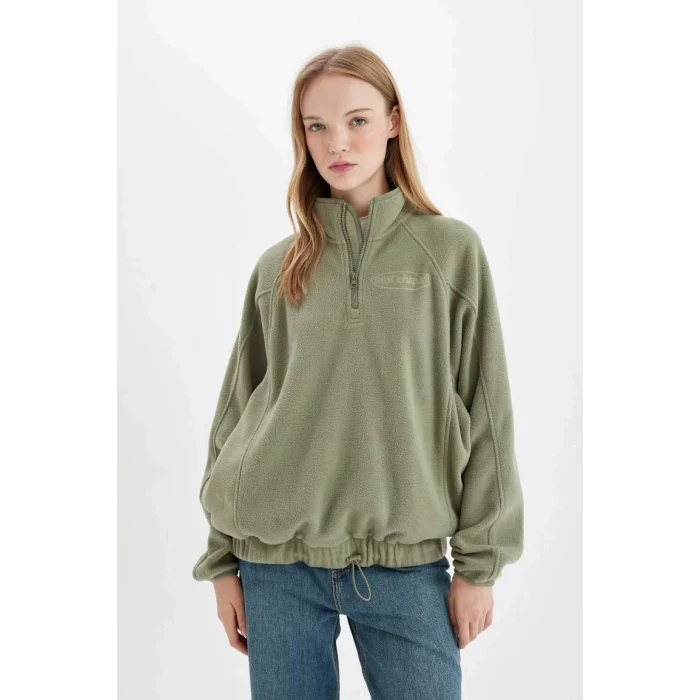 C7828 Regular Fit Fermuarlı Dik Yaka Baskılı Polar Sweatshirt