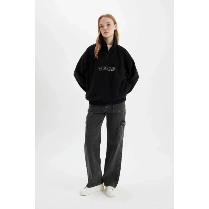 C7829 Regular Fit Yarım Fermuarlı Baskılı Polar Sweatshirt