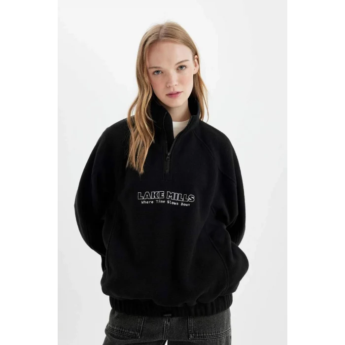 C7829 Regular Fit Yarım Fermuarlı Baskılı Polar Sweatshirt