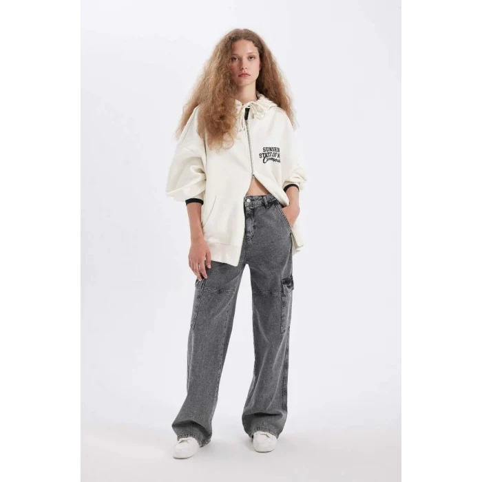 C7835 Oversize Geniş Kalıp Kapüşonlu Sırt Baskılı Kalın Fermuarlı Sweatshirt