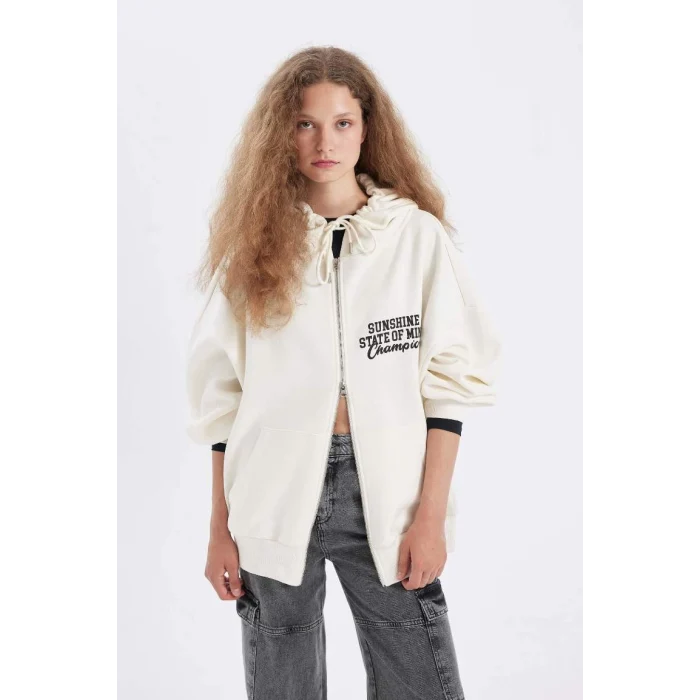 C7835 Oversize Geniş Kalıp Kapüşonlu Sırt Baskılı Kalın Fermuarlı Sweatshirt