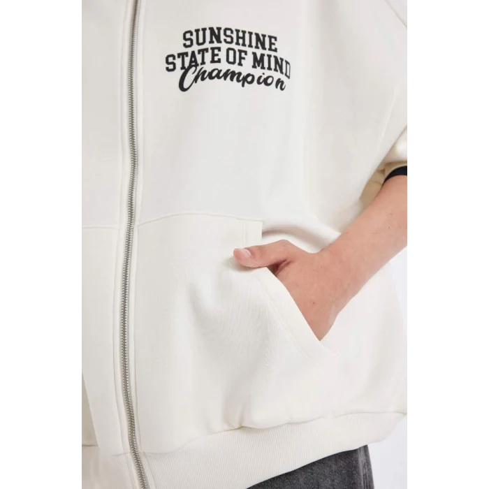 C7835 Oversize Geniş Kalıp Kapüşonlu Sırt Baskılı Kalın Fermuarlı Sweatshirt