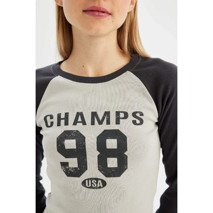 C7926 Antrasit Coool Fitted Bisiklet Yaka Fitilli Kaşkorse Baskılı Uzun Kollu Tişört