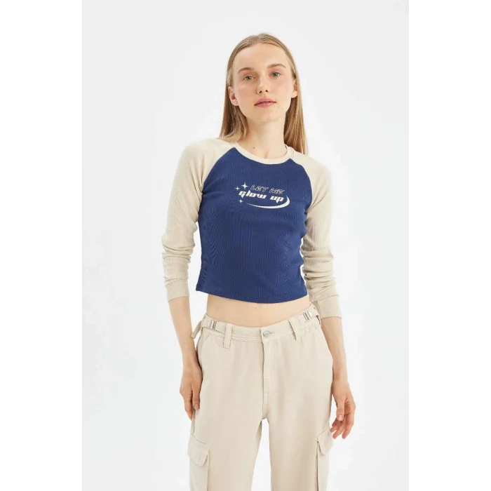 C7927 Coool Fitted Bisiklet Yaka Fitilli Kaşkorse Baskılı Uzun Kollu Tişört