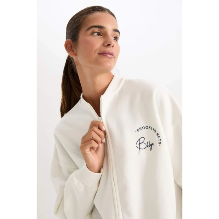 C8101 DeFactoFit NBA Brooklyn Nets Oversize Geniş Kalıp Kolej Yaka Sırt Baskılı Bomber Hırka