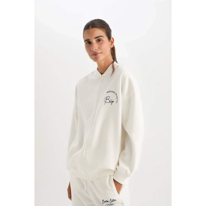 C8101 DeFactoFit NBA Brooklyn Nets Oversize Geniş Kalıp Kolej Yaka Sırt Baskılı Bomber Hırka