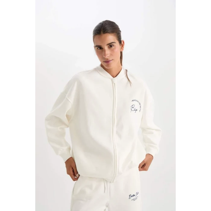 C8101 DeFactoFit NBA Brooklyn Nets Oversize Geniş Kalıp Kolej Yaka Sırt Baskılı Bomber Hırka