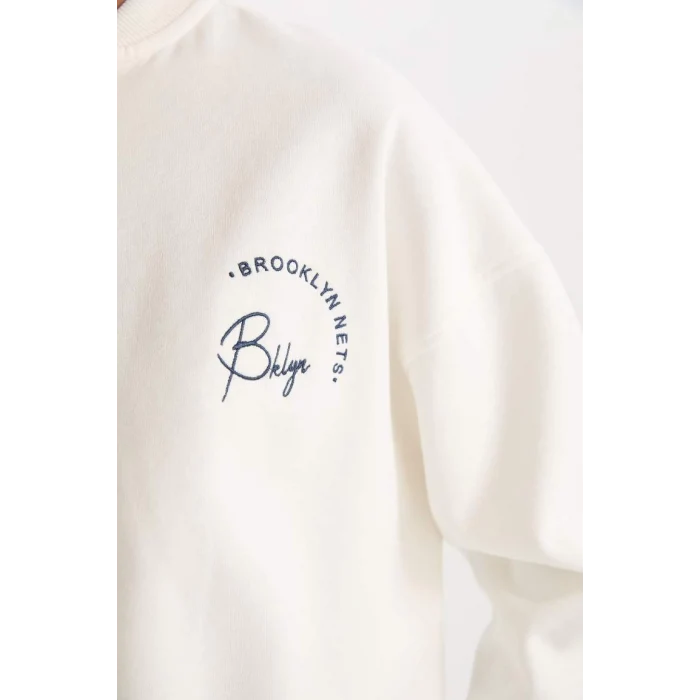 C8101 DeFactoFit NBA Brooklyn Nets Oversize Geniş Kalıp Kolej Yaka Sırt Baskılı Bomber Hırka