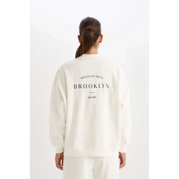 C8101 DeFactoFit NBA Brooklyn Nets Oversize Geniş Kalıp Kolej Yaka Sırt Baskılı Bomber Hırka