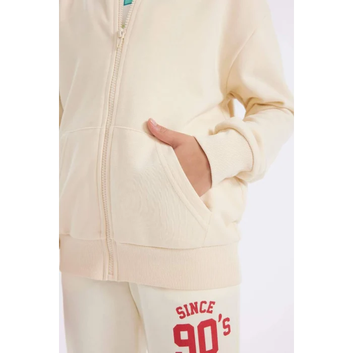 C8110 Basic Kapüşonlu Fermuarlı Cepli Ekru Okul Hırkası