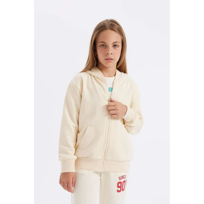 C8110 Basic Kapüşonlu Fermuarlı Cepli Ekru Okul Hırkası