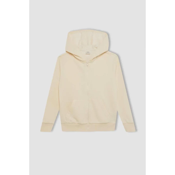 C8110 Basic Kapüşonlu Fermuarlı Cepli Ekru Okul Hırkası