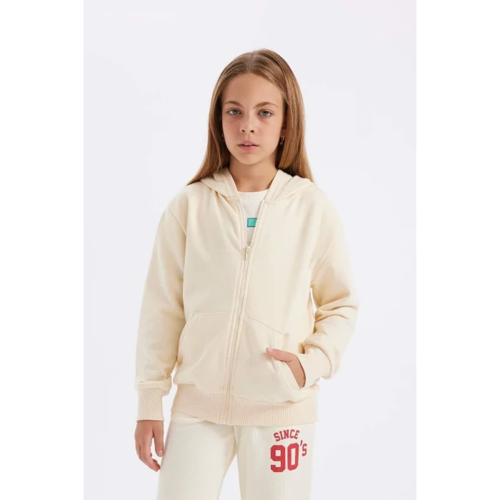 C8110 Basic Kapüşonlu Fermuarlı Cepli Ekru Okul Hırkası
