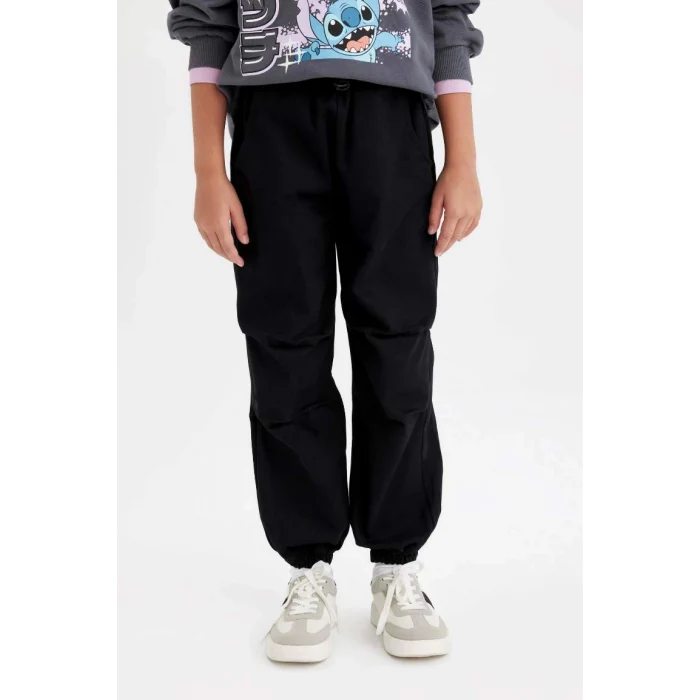 C8776 Beli ve Paçası Lastikli Cepli Pamuklu Siyah Paraşüt Pantolon