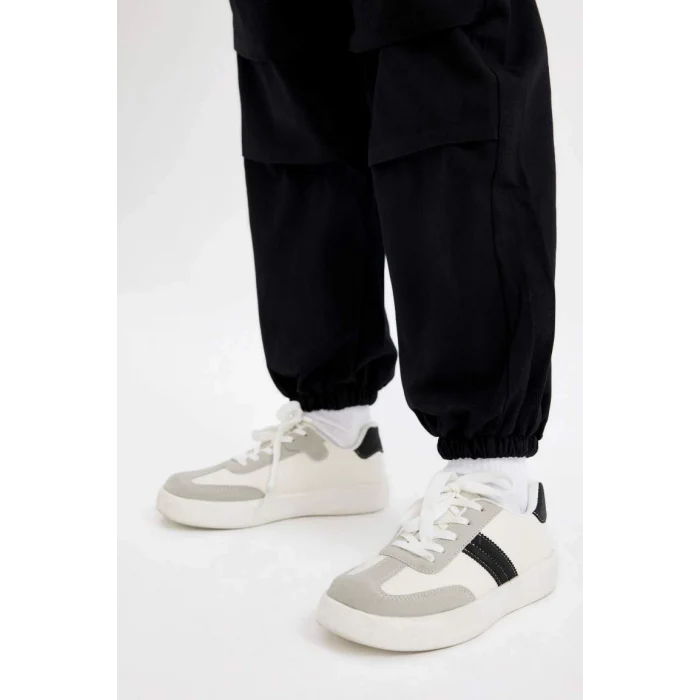 C8776 Beli ve Paçası Lastikli Cepli Pamuklu Siyah Paraşüt Pantolon