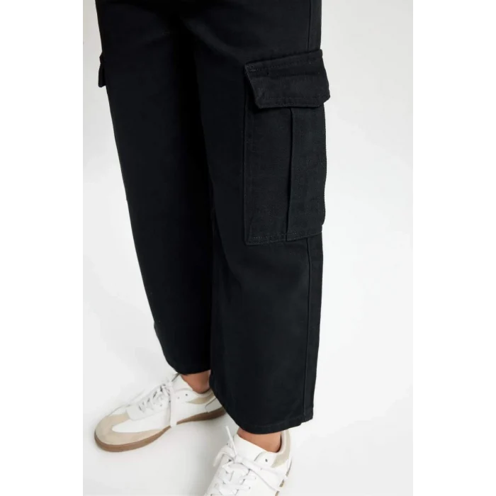 C8778 Wide Leg Kargo Cepli Geniş Bol Paça Pamuklu Siyah Pantolon