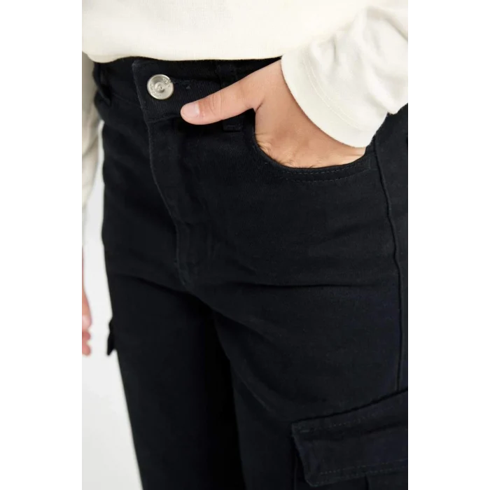 C8778 Wide Leg Kargo Cepli Geniş Bol Paça Pamuklu Siyah Pantolon