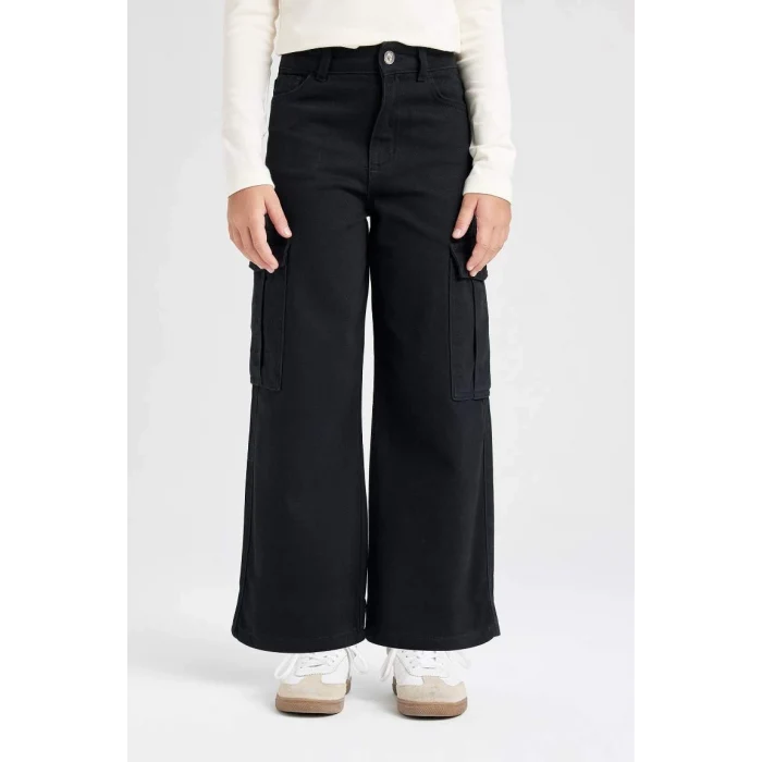 C8778 Wide Leg Kargo Cepli Geniş Bol Paça Pamuklu Siyah Pantolon