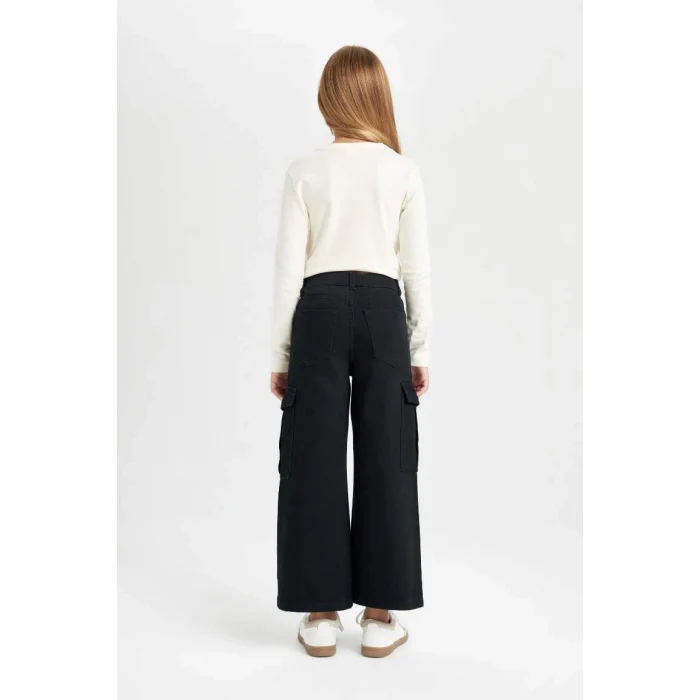 C8778 Wide Leg Kargo Cepli Geniş Bol Paça Pamuklu Siyah Pantolon
