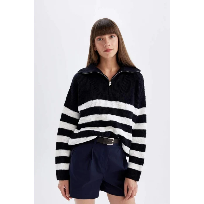 C9040 Çizgili Yarım Fermuarlı Selanik Kumaş Kazak