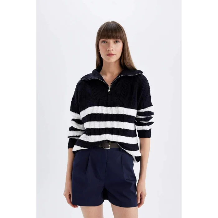 C9040 Çizgili Yarım Fermuarlı Selanik Kumaş Kazak