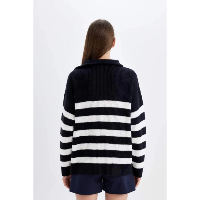 C9040 Çizgili Yarım Fermuarlı Selanik Kumaş Kazak