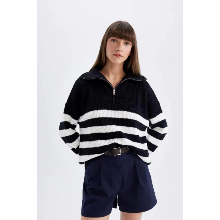 C9040 Çizgili Yarım Fermuarlı Selanik Kumaş Kazak