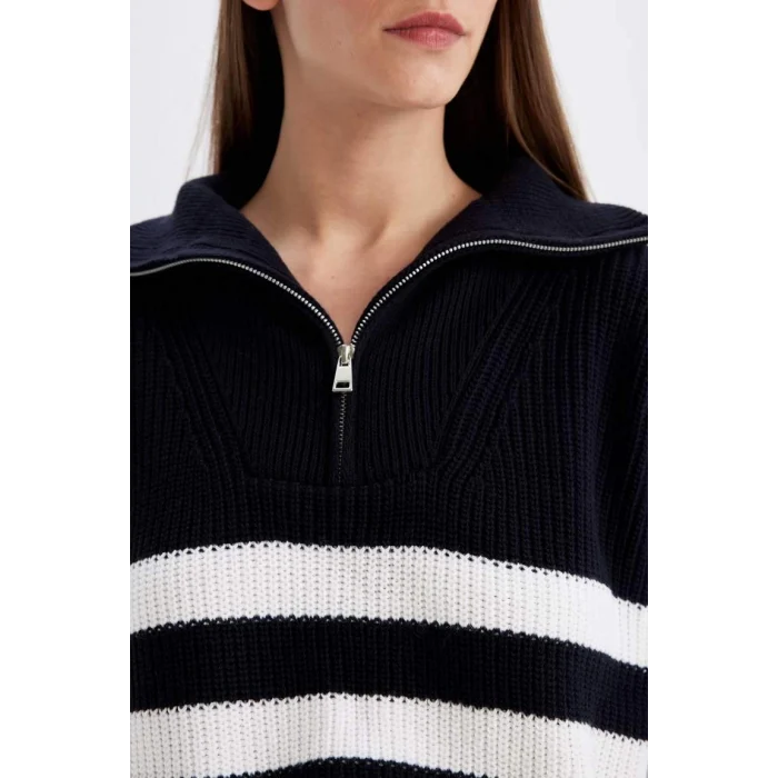 C9040 Çizgili Yarım Fermuarlı Selanik Kumaş Kazak