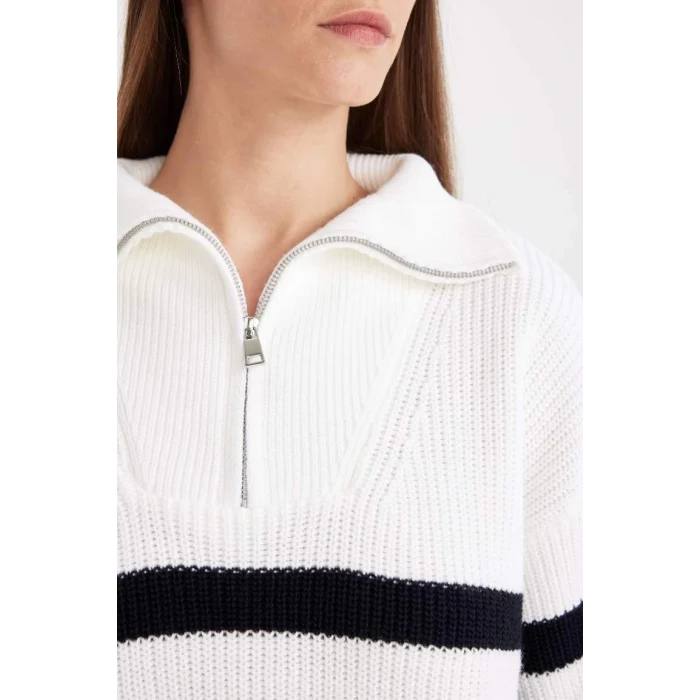 C9040 Çizgili Yarım Fermuarlı Selanik Kumaş Kazak