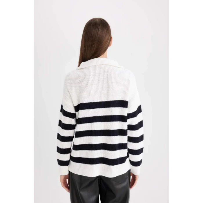 C9040 Çizgili Yarım Fermuarlı Selanik Kumaş Kazak