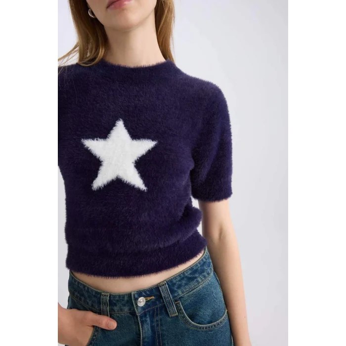 C9158 Coool Fitted Bisiklet Yaka Yıldız Baskılı Kısa Kollu Pelüş Triko Kazak