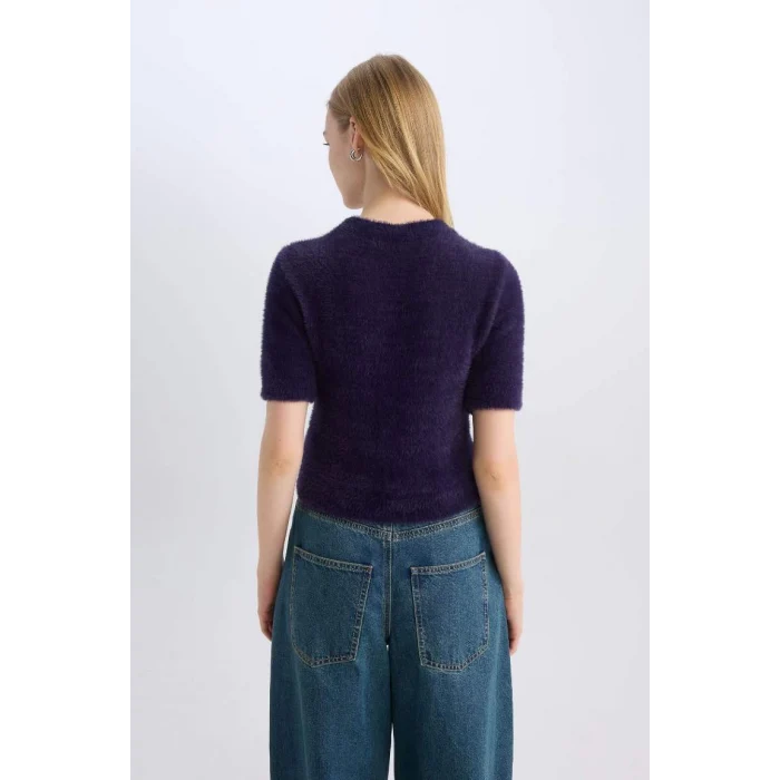 C9158 Coool Fitted Bisiklet Yaka Yıldız Baskılı Kısa Kollu Pelüş Triko Kazak