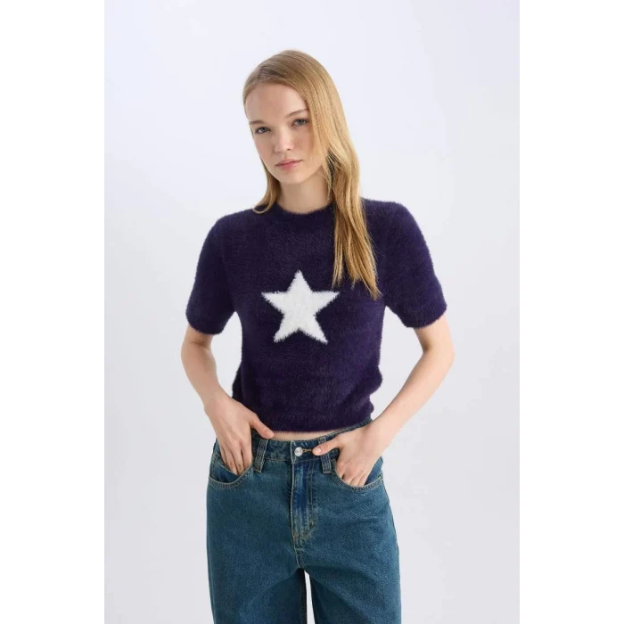 C9158 Coool Fitted Bisiklet Yaka Yıldız Baskılı Kısa Kollu Pelüş Triko Kazak