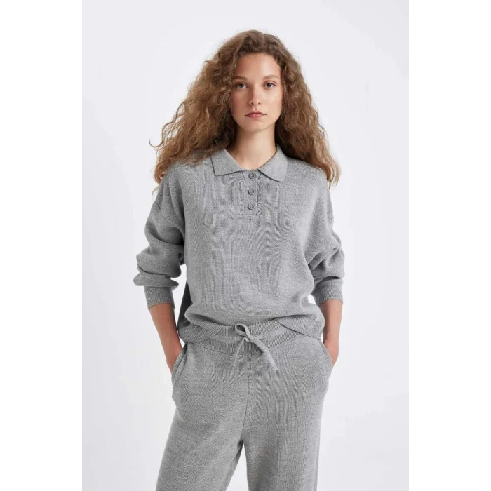 C9223 Coool Regular Fit Polo Yaka Düğmeli Basic Düz Triko Kazak