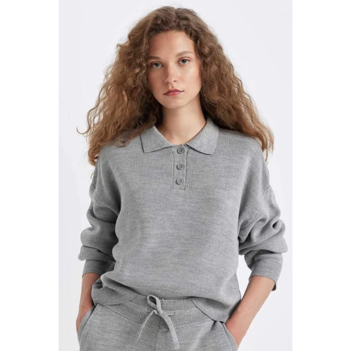 C9223 Coool Regular Fit Polo Yaka Düğmeli Basic Düz Triko Kazak