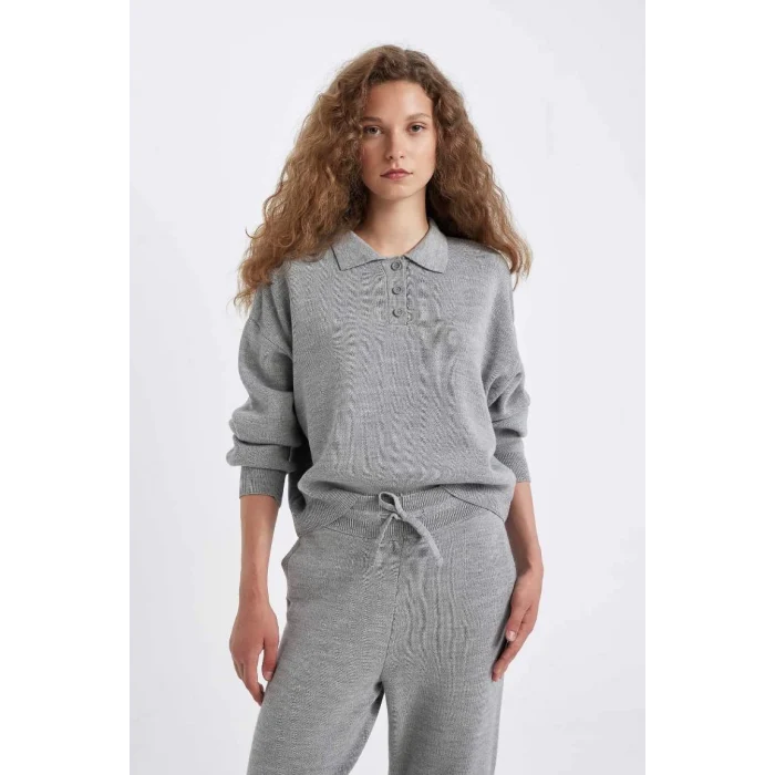 C9223 Coool Regular Fit Polo Yaka Düğmeli Basic Düz Triko Kazak