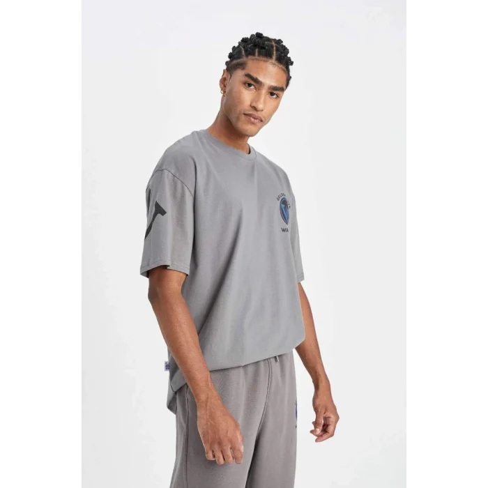 C9258 DeFactoFit NBA Golden State Warriors Oversize Geniş Kalıp Bisiklet Yaka Baskılı Pamuklu Kısa Kollu Tişört