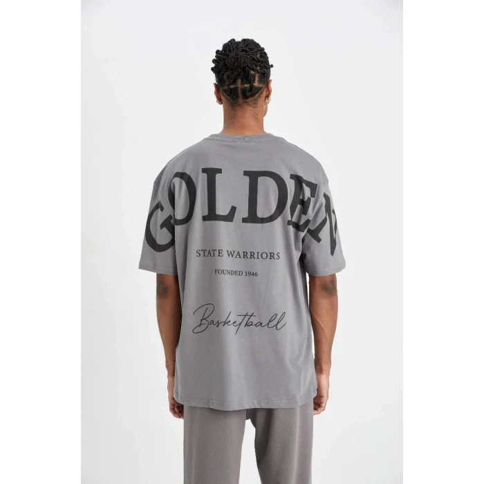 C9258 DeFactoFit NBA Golden State Warriors Oversize Geniş Kalıp Bisiklet Yaka Baskılı Pamuklu Kısa Kollu Tişört