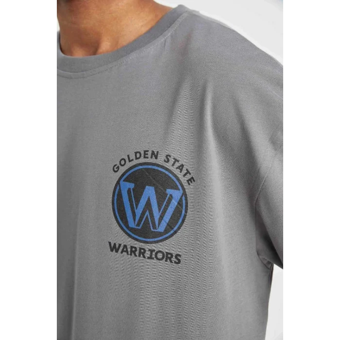 C9258 DeFactoFit NBA Golden State Warriors Oversize Geniş Kalıp Bisiklet Yaka Baskılı Pamuklu Kısa Kollu Tişört