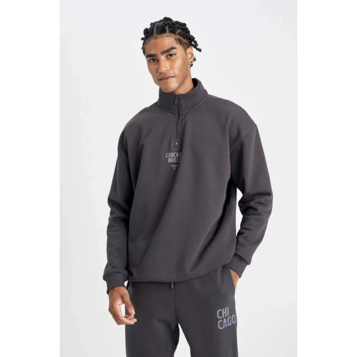C9261 DeFactoFit NBA Chicago Bulls Oversize Fit Dik Yaka Fermuarlı Kalın Sweatshirt