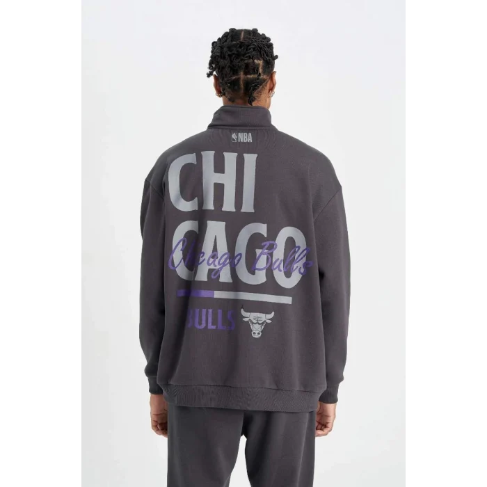 C9261 DeFactoFit NBA Chicago Bulls Oversize Fit Dik Yaka Fermuarlı Kalın Sweatshirt