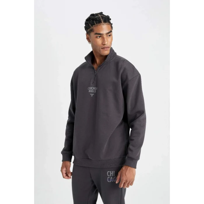 C9261 DeFactoFit NBA Chicago Bulls Oversize Fit Dik Yaka Fermuarlı Kalın Sweatshirt