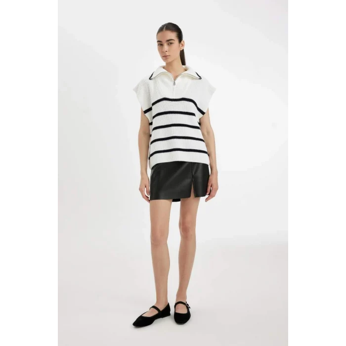 C9307 Regular Fit Çizgili Yarım Fermuarlı Dik Yaka Selanik Kumaş Triko Süveter